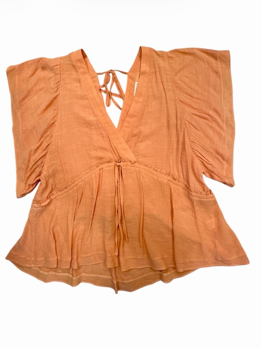 Kori Peach V-Neck Peplum Blouse Size L Tie Back Short Sleeve Top